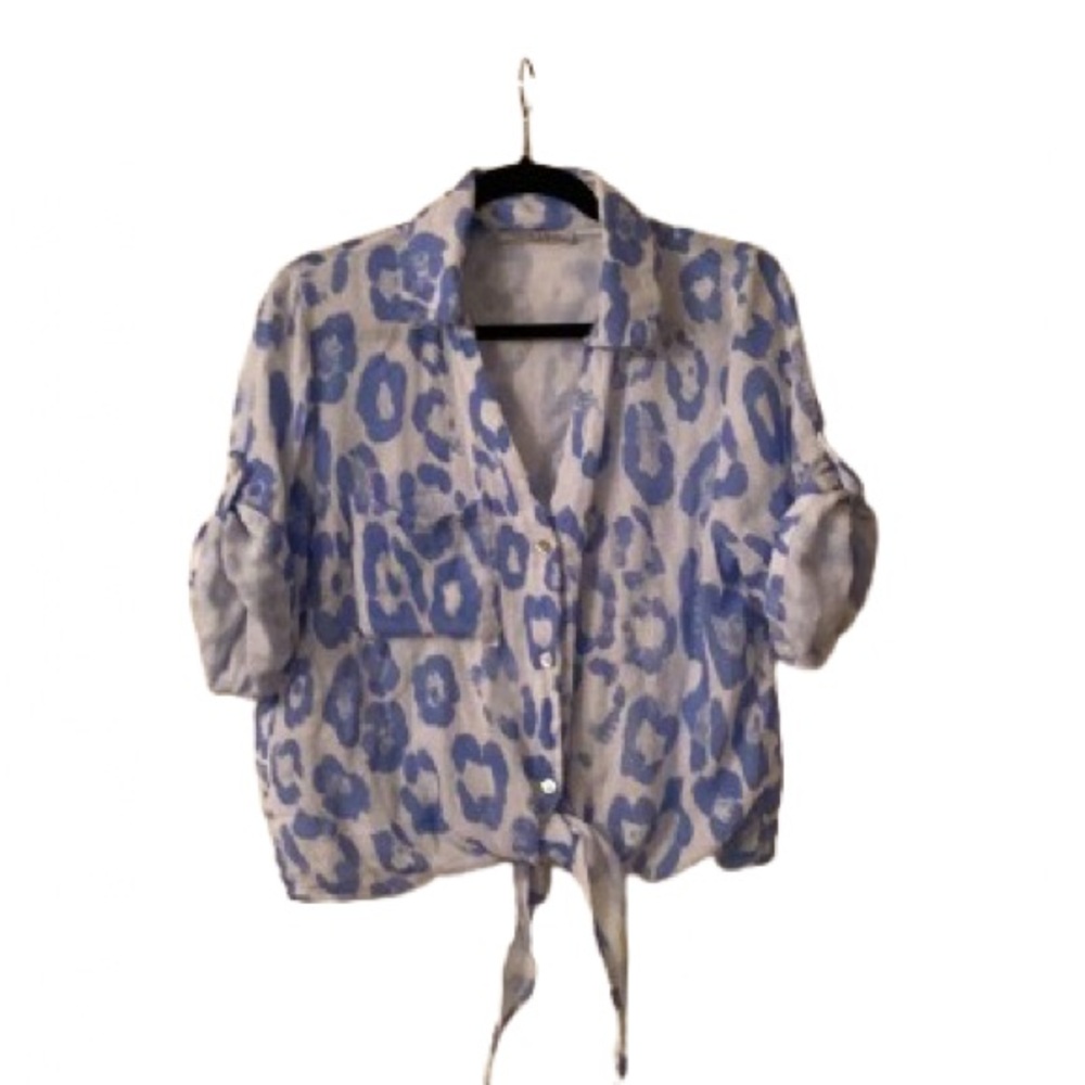 Blue Leopard Print Front Tie Gauzy Women's Top made in Italy.